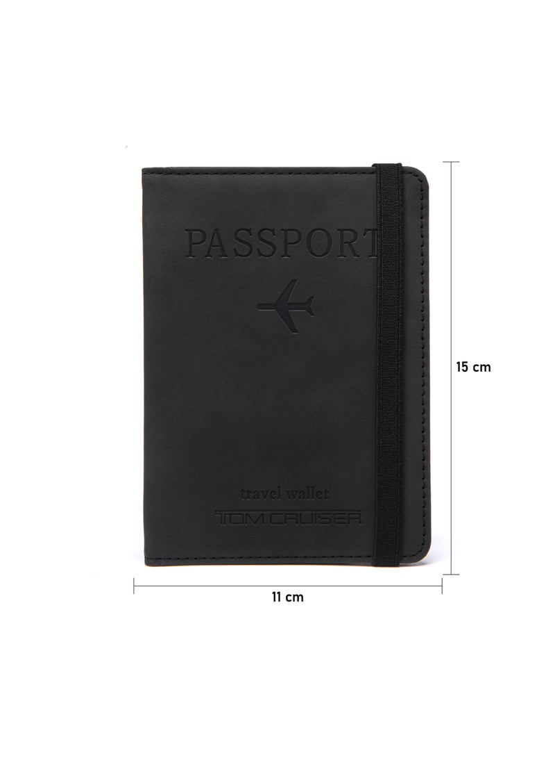 TOM CRUISER RFID Passport Holder, Slim PU Travel Wallet with Passport Pocket, 4 Card Slots, 2 SIM Slots, Cash & Boarding Pass Storage, Elastic Closure, Black - Image 4