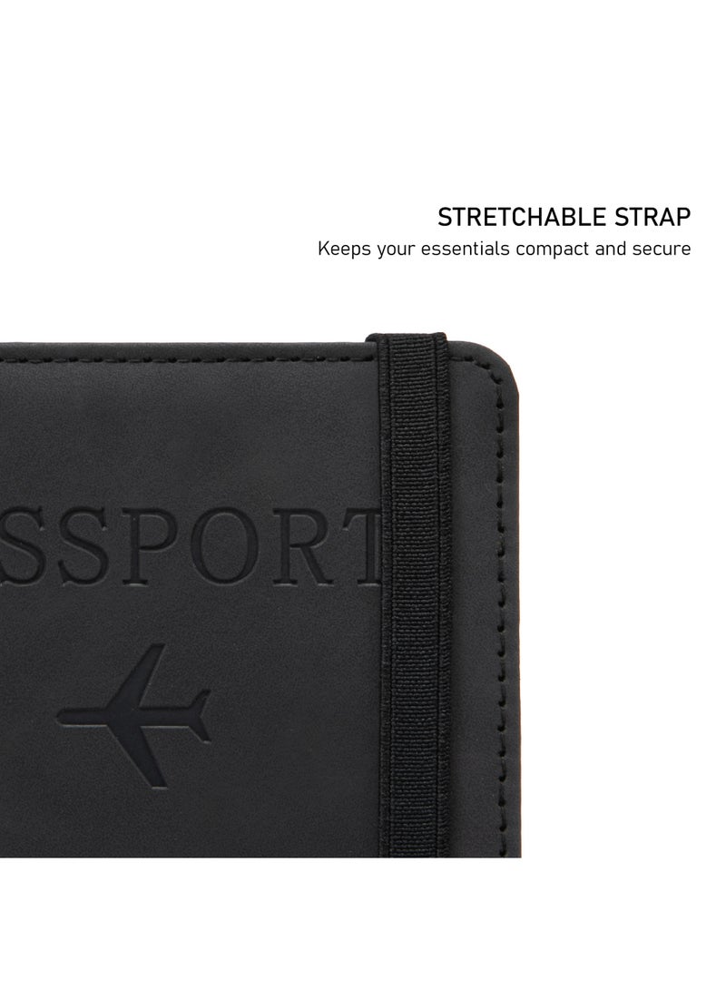 TOM CRUISER RFID Passport Holder, Slim PU Travel Wallet with Passport Pocket, 4 Card Slots, 2 SIM Slots, Cash & Boarding Pass Storage, Elastic Closure, Black - Image 2