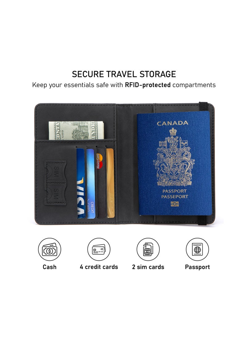 TOM CRUISER RFID Passport Holder, Slim PU Travel Wallet with Passport Pocket, 4 Card Slots, 2 SIM Slots, Cash & Boarding Pass Storage, Elastic Closure, Black - Image 3
