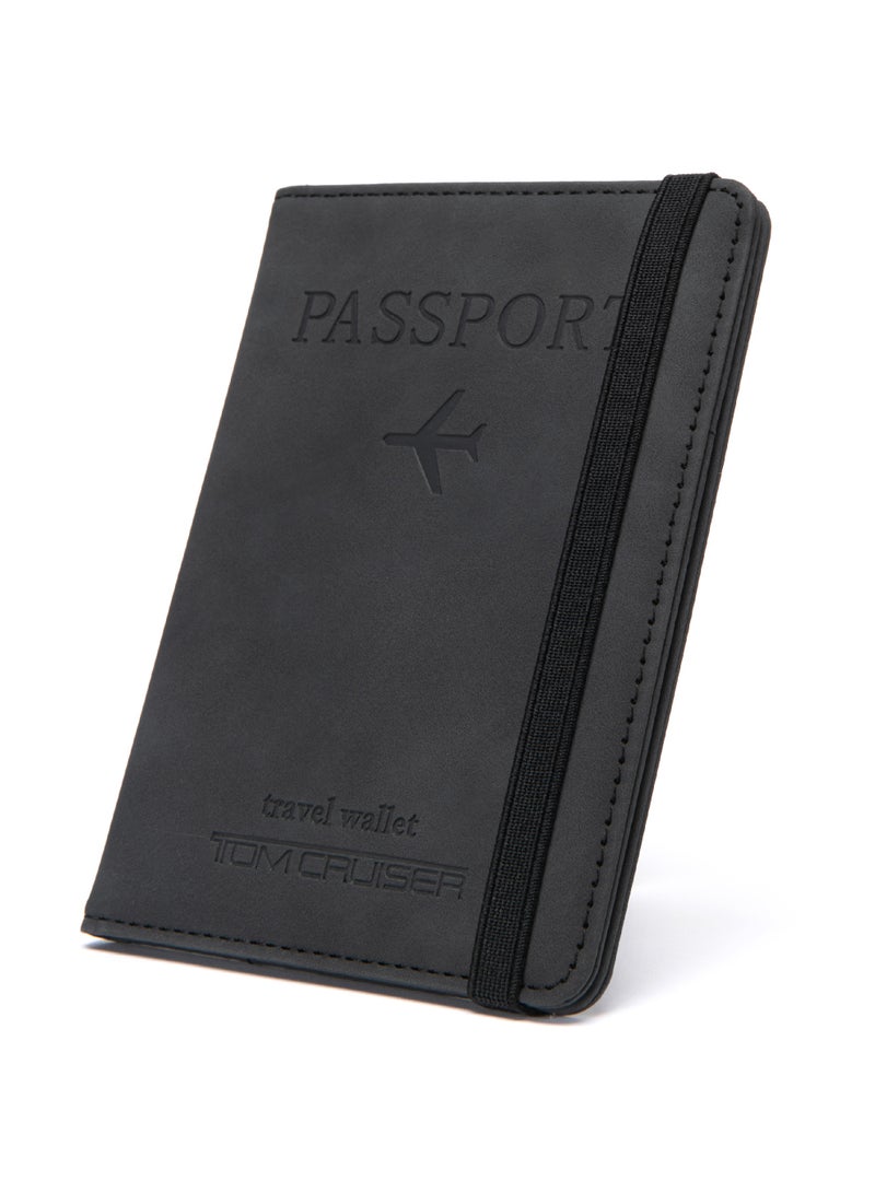 TOM CRUISER RFID Passport Holder, Slim PU Travel Wallet with Passport Pocket, 4 Card Slots, 2 SIM Slots, Cash & Boarding Pass Storage, Elastic Closure, Black - Image 1