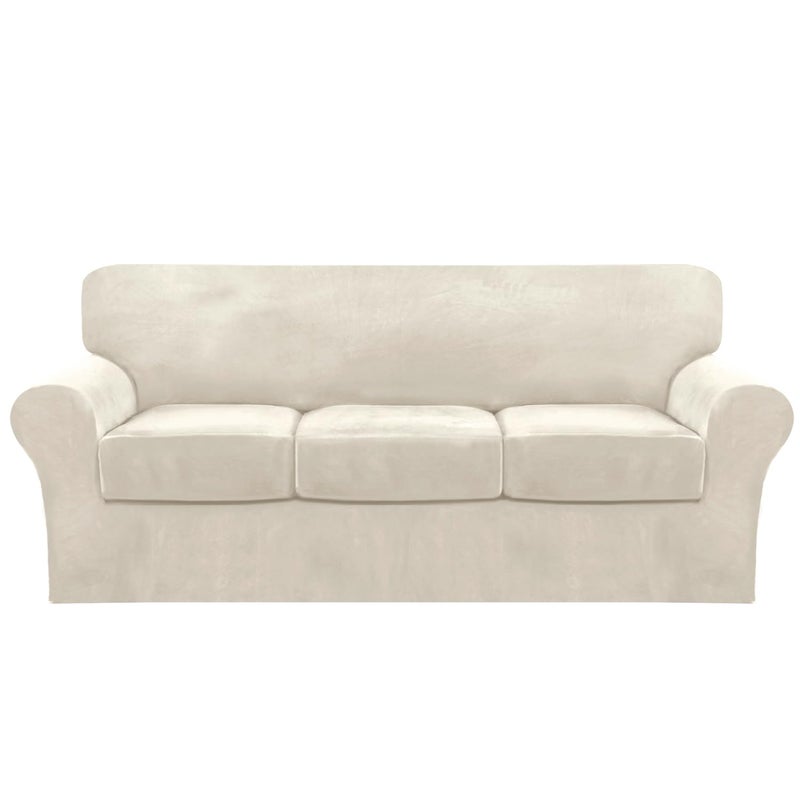 FantasDecor 4 Piece Sofa Velvet Couch Covers for 3 Cushion Stretch Slipcover with Individual Seat Cushion Elastic Furniture Protector for Pets Machine Washable Sofa Ivory