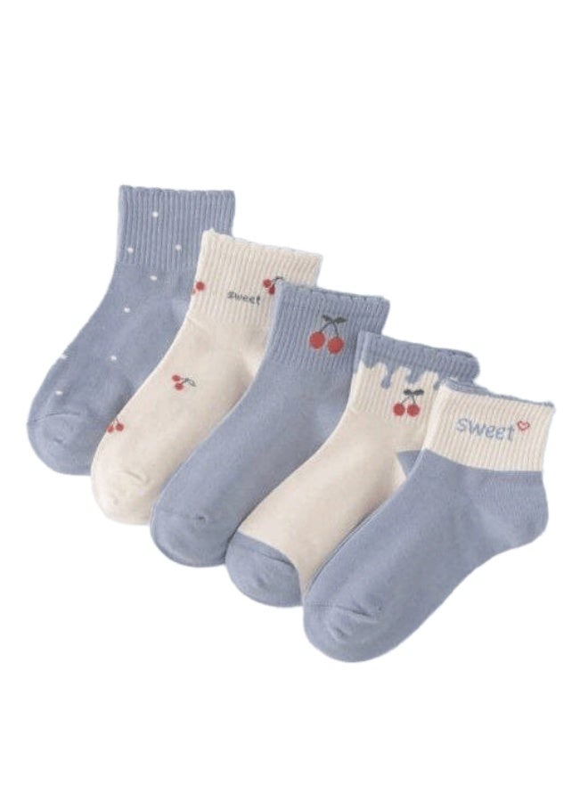 SMARTEDGE Women's Summer Socks with a Cherry Print in Beautiful and Very Soft Colors for Warmth. Long Ankle Socks, 5 Pairs Set with a Gift, Assorted Colors. Modern Design. Sizes 8-11