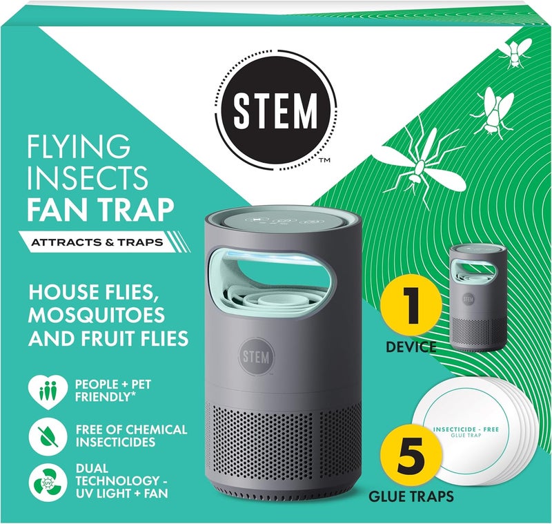 STEM Flying Insect Fan Trap for Indoor Bug Control, Attracts Mosquitoes, Fruit Flies, and House Flies, Plug-in Fan with UV Light, Starter Kit Includes 1 Device and 5 Glue Traps - Image 1