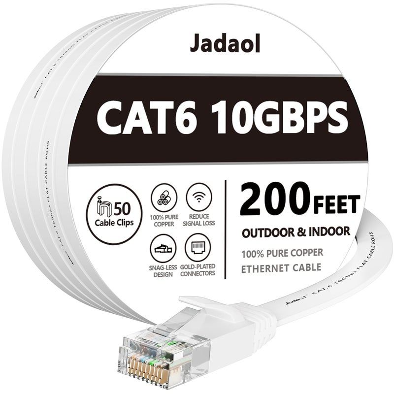 Jadaol Cat 6 Ethernet Cable 200 ft (60.96m), 10Gbps Support Cat8 Cat7 Network, Flat RJ45 LAN Patch Cable, High-Speed Internet Cable for Router, Modem, Switch, Gaming Consoles, Streaming Devices, White - Image 1