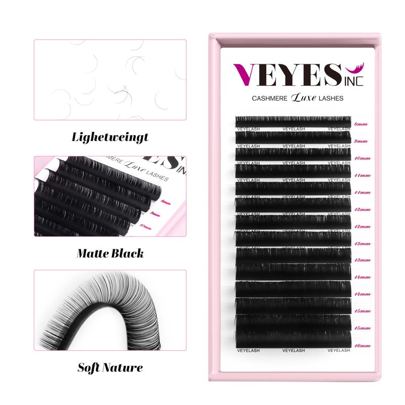 VEYES INC Cashmere Luxe Lashes - Tapered Tips Volume Lash Extension Trays B/C/CC/D/M/J Curl, 0.03-0.05, 8-17mm | Matte Black Professional Eyelash Supplies for Lash Techs (0.03 D 8-16mm) - Image 2