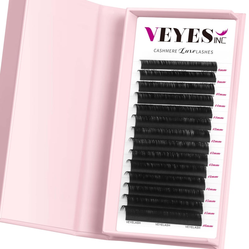 VEYES INC Cashmere Luxe Lashes - Tapered Tips Volume Lash Extension Trays B/C/CC/D/M/J Curl, 0.03-0.05, 8-17mm | Matte Black Professional Eyelash Supplies for Lash Techs (0.03 D 8-16mm) - Image 1