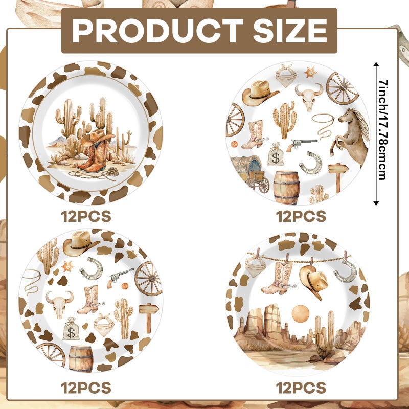 CHUNNIN 48 Pcs Western Cowboy Paper Plates for Western Party Supplies 7inch Wild West Disposable Dinner Rodeo Dessert Plates Cowboy Themed First Birthday Party Decorations Baby Shower Supplies Favors - Image 2