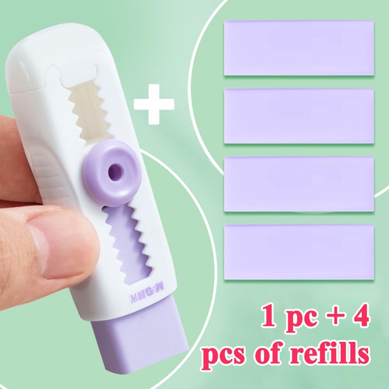 M&G 4+1 Pack Rubber Erasers Sliding Retractable Eraser, Soft Cute Erasers Push Pull Large Pencil Eraser with Plastic Sleeve 4 Refill Eraser for Students Kids, School Office Home Supplies (Purple) - Image 3