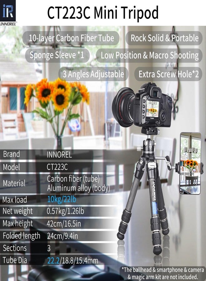 INNOREL 10-Layer Carbon Fiber Mini Tripod CT223C Desktop Tripod with Low Position Macro Shooting, Tabletop Camera Stand, Compact Lightweight Portable for Digital DSLR, DV Video, Max Load 22lb/10kg - Image 2
