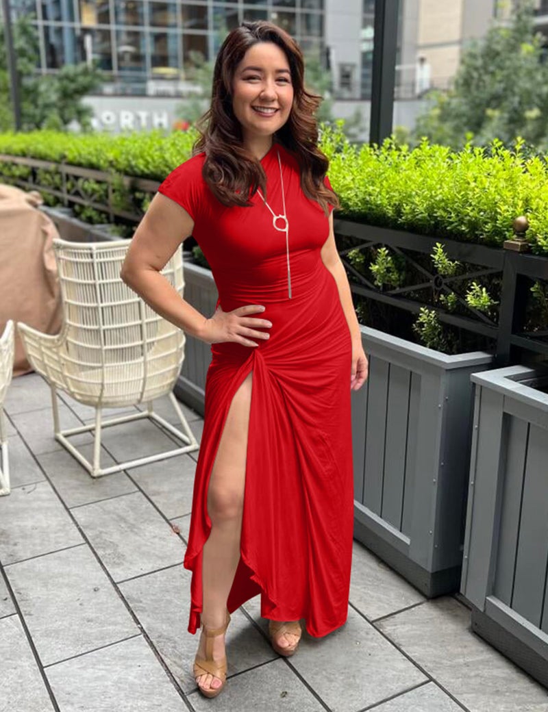 YMDUCH Women's Casual Short Sleeve Boat Neck Ruched High Split Bodycon Long Formal Dress Red - Image 4