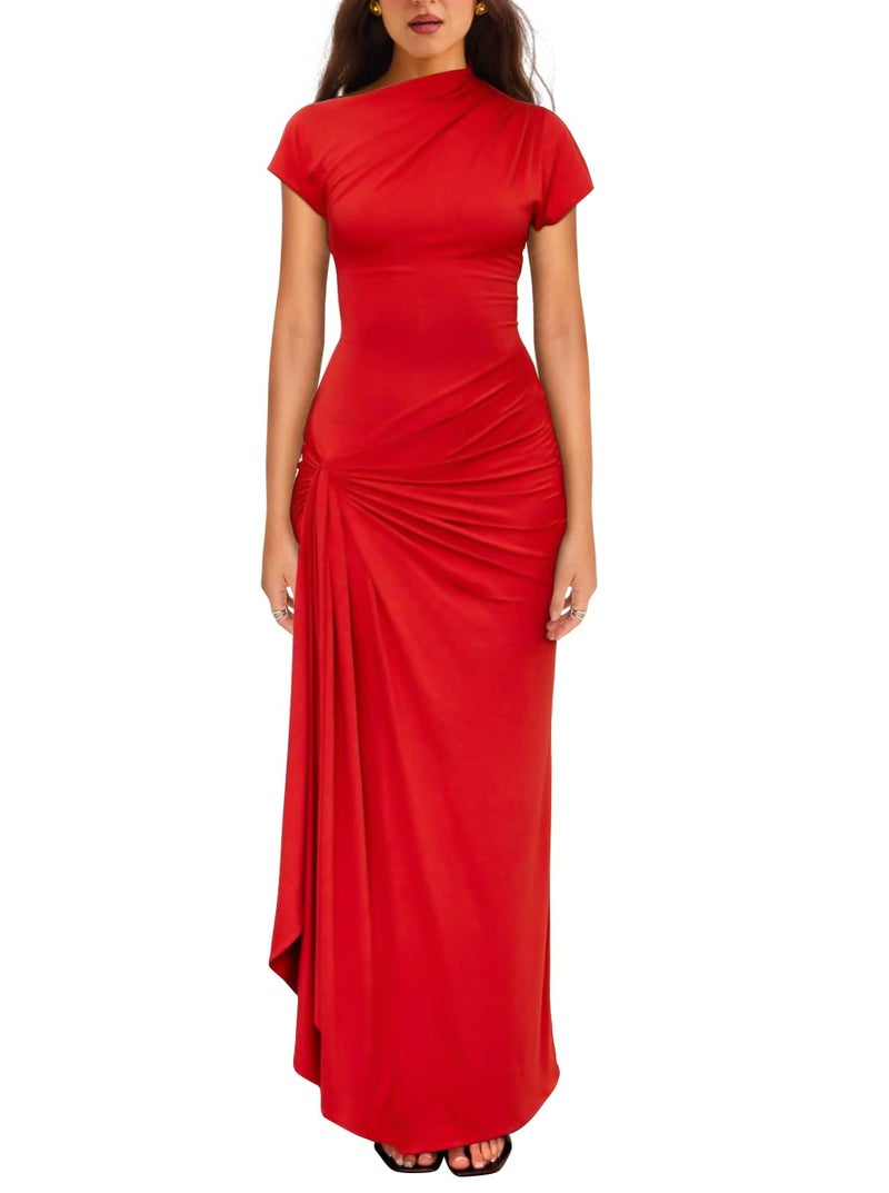 YMDUCH Women's Casual Short Sleeve Boat Neck Ruched High Split Bodycon Long Formal Dress Red - Image 1