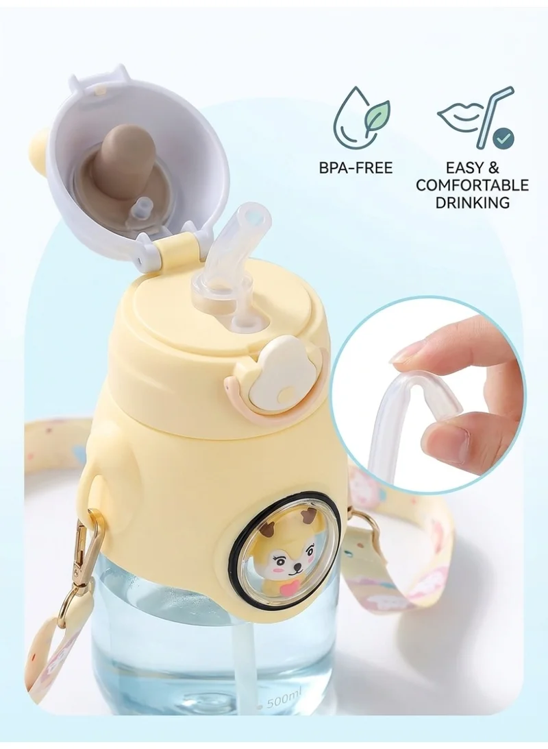 Mobcos  Cute Rabbit Cartoon Kids Water Bottle with Straw and Adjustable Strap Food Grade Tritan One-Click Open Portable Leak Proof Insulated BPA Free For Kids Girls School Travel | 750ml | Yellow  | Best Price UAE