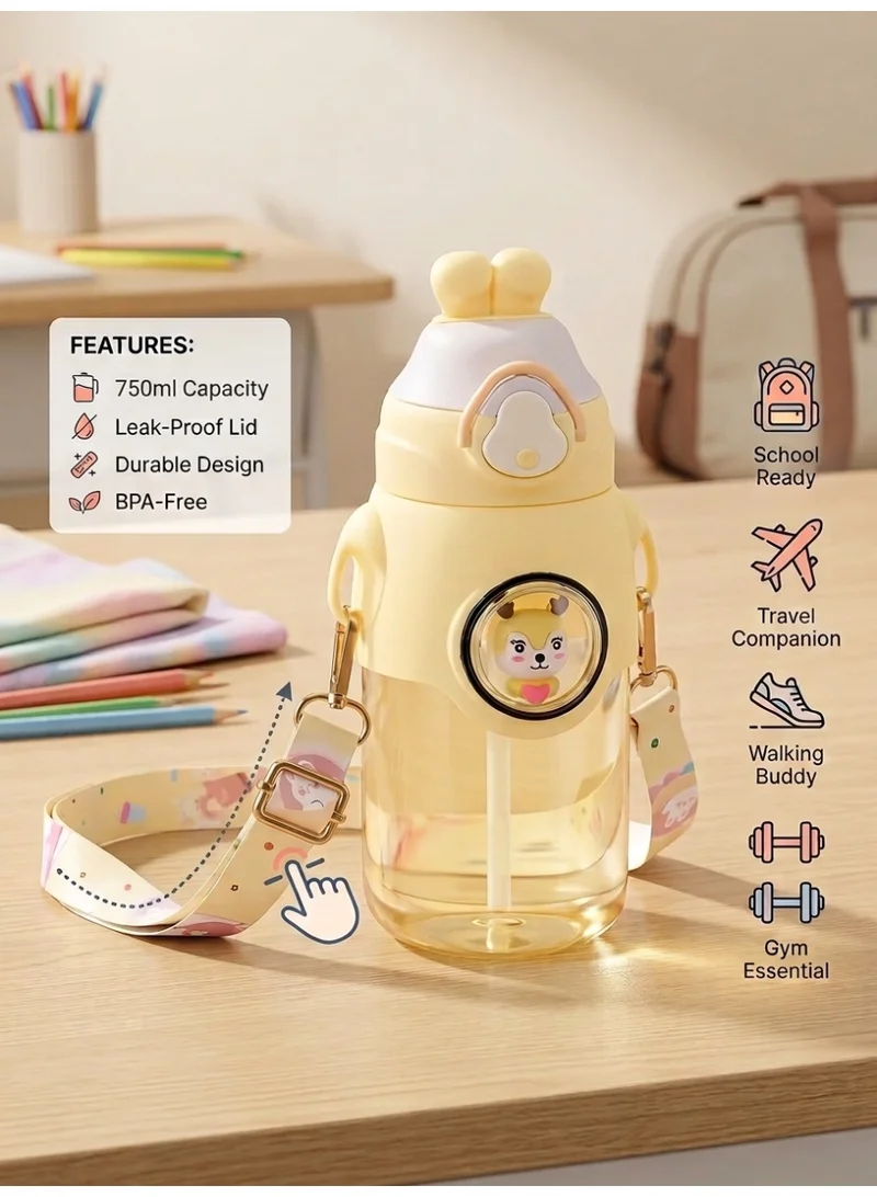 Mobcos  Cute Rabbit Cartoon Kids Water Bottle with Straw and Adjustable Strap Food Grade Tritan One-Click Open Portable Leak Proof Insulated BPA Free For Kids Girls School Travel | 750ml | Yellow  | Best Price UAE
