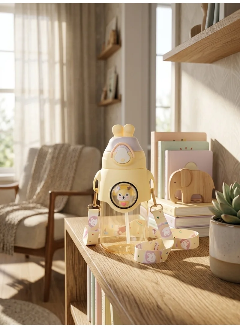 Mobcos  Cute Rabbit Cartoon Kids Water Bottle with Straw and Adjustable Strap Food Grade Tritan One-Click Open Portable Leak Proof Insulated BPA Free For Kids Girls School Travel | 750ml | Yellow  | Best Price UAE