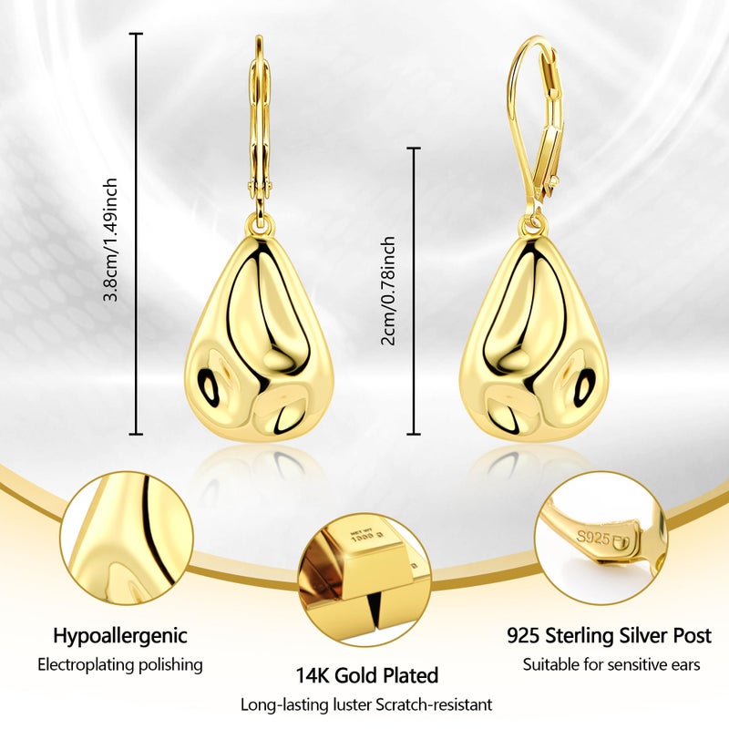 Lancharmed Teardrop Gold Dangle Earrings, LANCHARMED 14K Gold Plated Chunky Thick Waterdrop Hammered Drop Earrings 925 Sterling Silver French Leverback Teardrop Earring for Women Trendy Elegant Jewelry - Image 3
