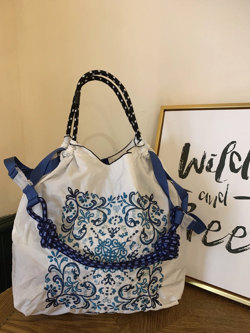 2024 New Embroidered Eco-Friendly Nylon Tote Blue and white cashew flower