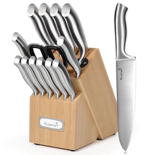 Kuisine Premium Sharp Knife Set Carbon Steel Forged,Ergonomic Handle Knife Block Set,Kitchen Block Knife Set,Chef Knife Set Built-in Sharpener(Silver Pro, 15PCS) - Image 1