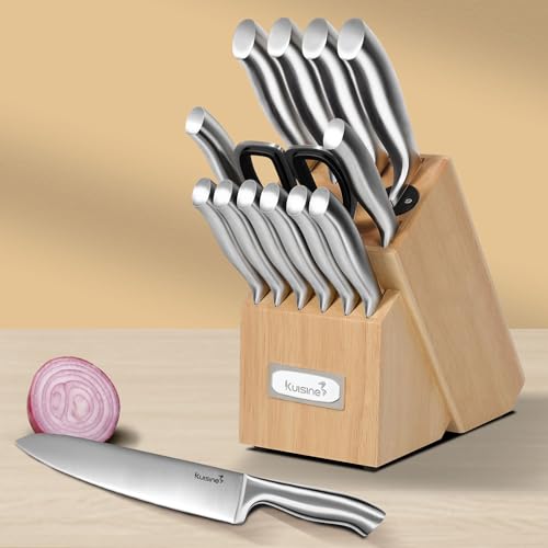 Kuisine Premium Sharp Knife Set Carbon Steel Forged,Ergonomic Handle Knife Block Set,Kitchen Block Knife Set,Chef Knife Set Built-in Sharpener(Silver Pro, 15PCS) - Image 3