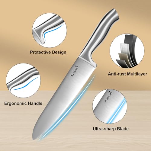 Kuisine Premium Sharp Knife Set Carbon Steel Forged,Ergonomic Handle Knife Block Set,Kitchen Block Knife Set,Chef Knife Set Built-in Sharpener(Silver Pro, 15PCS) - Image 4