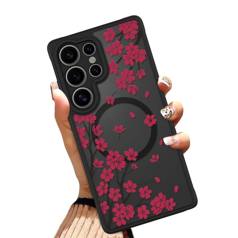 OOK Case Fit for Samsung Galaxy S25 Ultra 6.9 Inch (Wireless Charging Compatible) Cherry Blossom Red Floral Flowers Phone Cover Soft TPU + Hard PC Anti-Scratch Shockproof Magnetic Cute Case for Women - Image 1