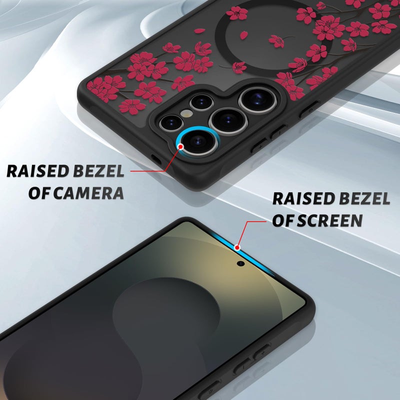 OOK Case Fit for Samsung Galaxy S25 Ultra 6.9 Inch (Wireless Charging Compatible) Cherry Blossom Red Floral Flowers Phone Cover Soft TPU + Hard PC Anti-Scratch Shockproof Magnetic Cute Case for Women - Image 3