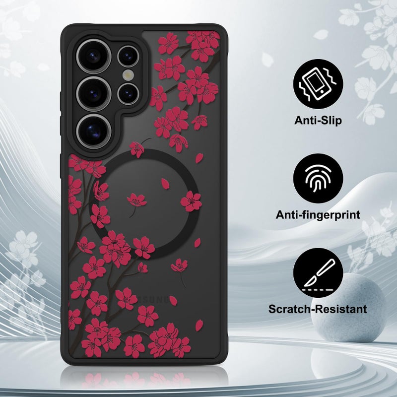 OOK Case Fit for Samsung Galaxy S25 Ultra 6.9 Inch (Wireless Charging Compatible) Cherry Blossom Red Floral Flowers Phone Cover Soft TPU + Hard PC Anti-Scratch Shockproof Magnetic Cute Case for Women - Image 5