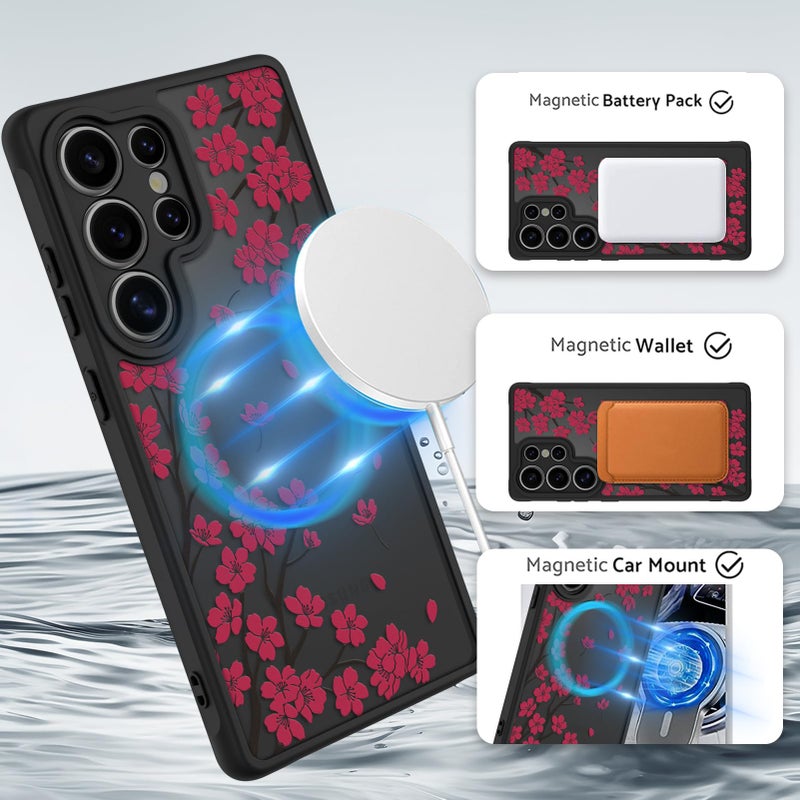 OOK Case Fit for Samsung Galaxy S25 Ultra 6.9 Inch (Wireless Charging Compatible) Cherry Blossom Red Floral Flowers Phone Cover Soft TPU + Hard PC Anti-Scratch Shockproof Magnetic Cute Case for Women - Image 2