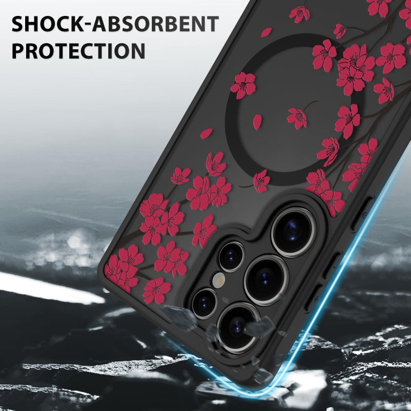 OOK Case Fit for Samsung Galaxy S25 Ultra 6.9 Inch (Wireless Charging Compatible) Cherry Blossom Red Floral Flowers Phone Cover Soft TPU + Hard PC Anti-Scratch Shockproof Magnetic Cute Case for Women - Image 4