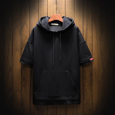 Summer Hooded Mens Thin Short Sleeve Sweatshirt Black 