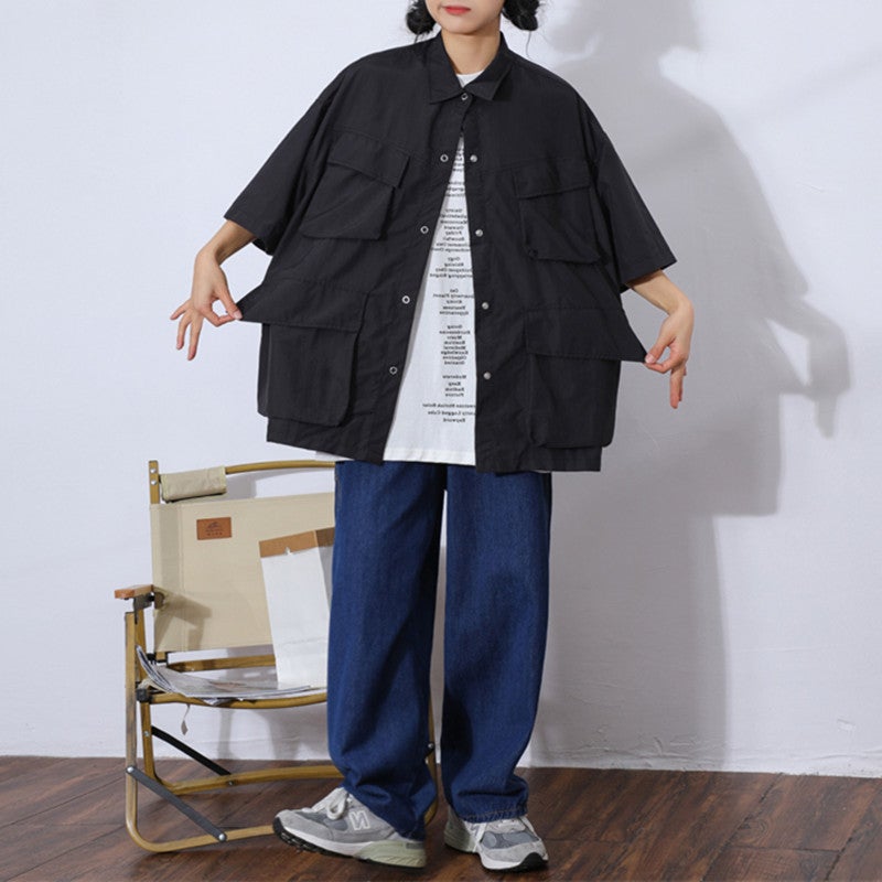 Summer Unisex Cityboy Multi-Pocket Work Shirt Black - Image 1