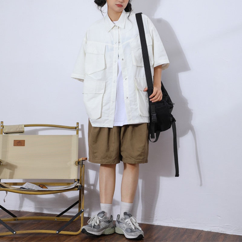 Summer Unisex Cityboy Multi-Pocket Work Shirt Black - Image 4