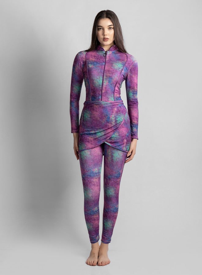 منيرفا سيكرت أسترا بلوم - طقم بوركيني فاخر حصري من  قطع مع بلوزة أنيقة وسروال ضيق عالي الخصر وتنورة شاطئ أنيقة وملابس سباحة أنيقة - Image 1