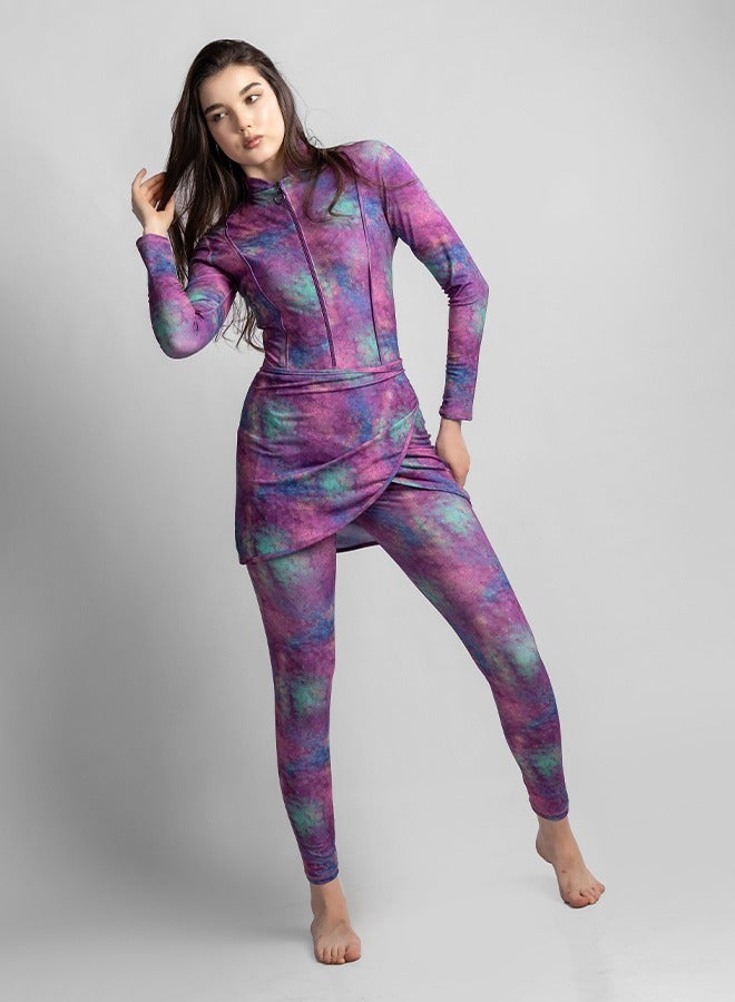 منيرفا سيكرت أسترا بلوم - طقم بوركيني فاخر حصري من  قطع مع بلوزة أنيقة وسروال ضيق عالي الخصر وتنورة شاطئ أنيقة وملابس سباحة أنيقة - Image 3