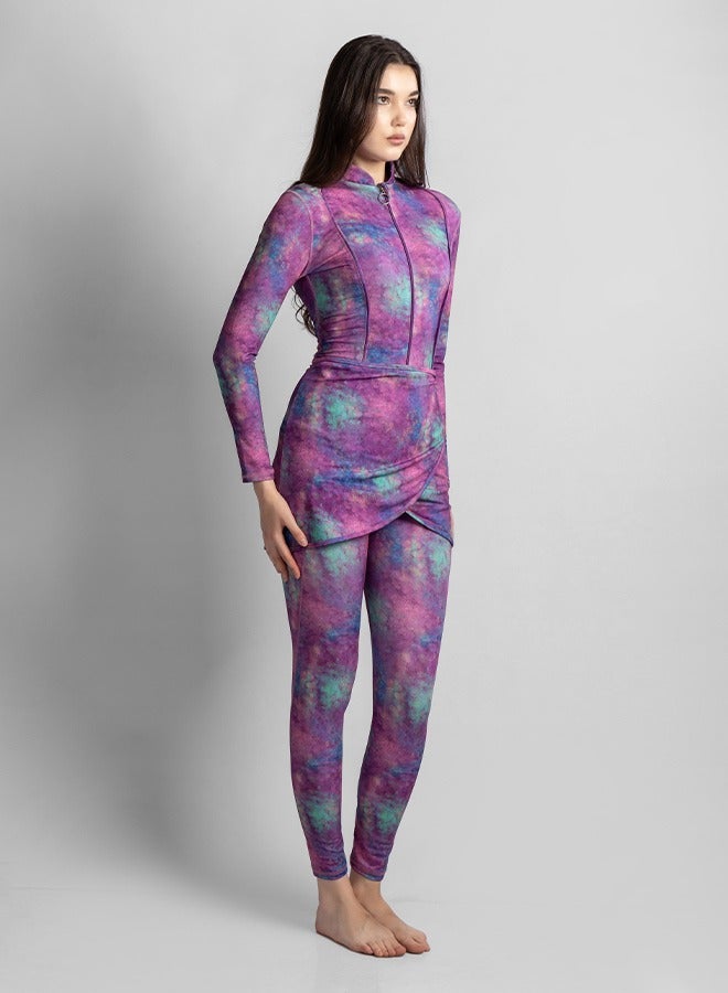 منيرفا سيكرت أسترا بلوم - طقم بوركيني فاخر حصري من  قطع مع بلوزة أنيقة وسروال ضيق عالي الخصر وتنورة شاطئ أنيقة وملابس سباحة أنيقة - Image 2