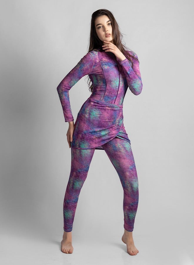 منيرفا سيكرت أسترا بلوم - طقم بوركيني فاخر حصري من  قطع مع بلوزة أنيقة وسروال ضيق عالي الخصر وتنورة شاطئ أنيقة وملابس سباحة أنيقة - Image 4