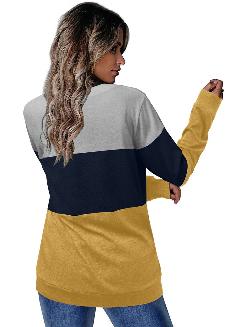 CRAZY GRID Womens Long Sleeve Shirts Casual Crewneck Color Block Fall Top Ladies Soft Trendy Loose Fits Sweatshirt Lightweight Plus Size Oversized 2XL Blue Yellow Gray - Image 4