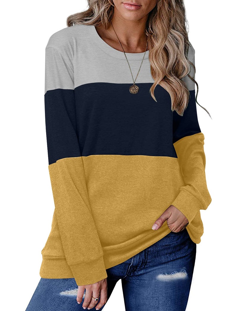 CRAZY GRID Womens Long Sleeve Shirts Casual Crewneck Color Block Fall Top Ladies Soft Trendy Loose Fits Sweatshirt Lightweight Plus Size Oversized 2XL Blue Yellow Gray - Image 1