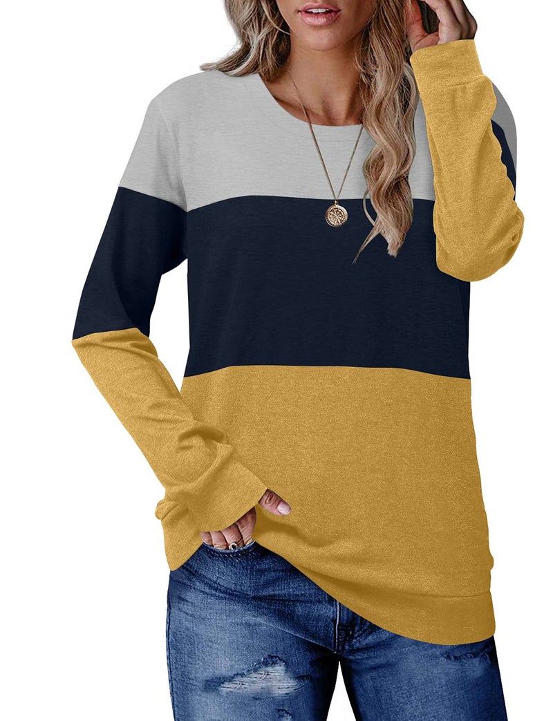 CRAZY GRID Womens Long Sleeve Shirts Casual Crewneck Color Block Fall Top Ladies Soft Trendy Loose Fits Sweatshirt Lightweight Plus Size Oversized 2XL Blue Yellow Gray - Image 2