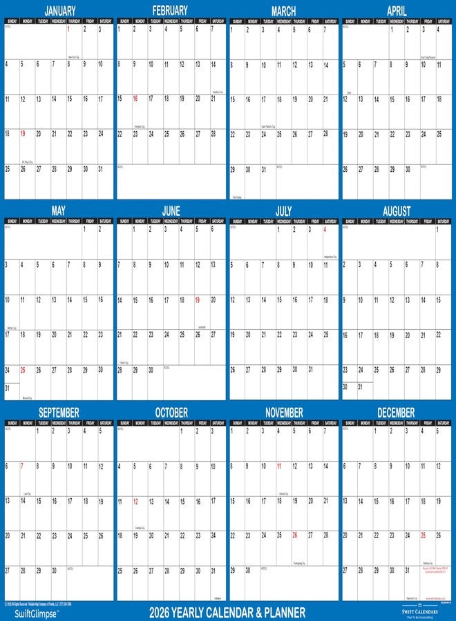 Swiftmaps 36" x 54" SwiftGlimpse 2026 Wall Calendar Erasable Large Wet & Dry Erase Laminated 12 Month Annual Yearly Wall Planner, Horizontal, Navy - Image 1