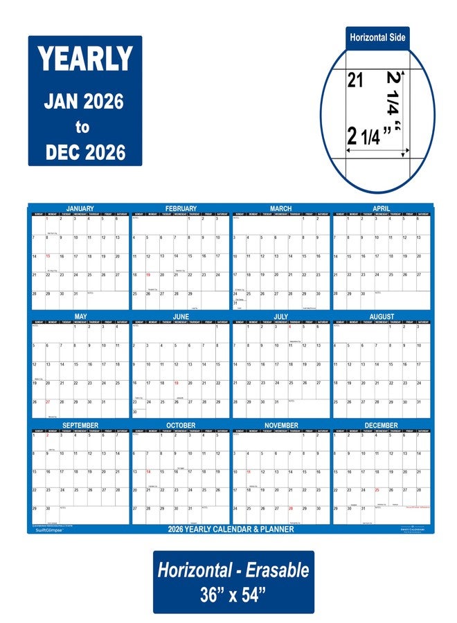 Swiftmaps 36" x 54" SwiftGlimpse 2026 Wall Calendar Erasable Large Wet & Dry Erase Laminated 12 Month Annual Yearly Wall Planner, Horizontal, Navy - Image 2