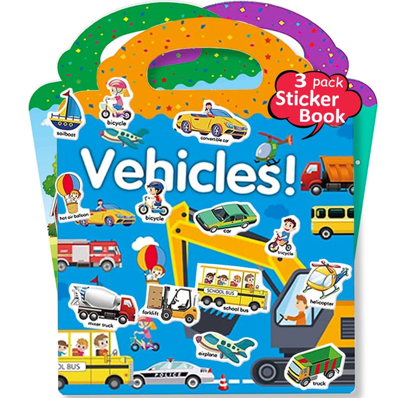 Reusable Sticker Books for Kids 3 Sets Travel Removable Toddler Sticker Books for 3 4 5 Year Old Girls Boys Birthday Gifts Educational Learning Toys for Age 36  Farm  Zoo Animal Vehicle