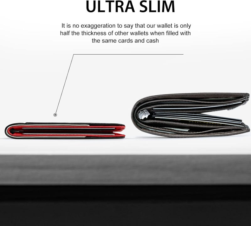 GSOIAX Mens Slim Wallet for Men Minimalist Genuine Leather Carbon Fiber Rfid Blocking Bifold Credit Card Holder With Gift Box (Black and Red) - Image 2