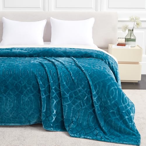Serenhom Soft Cozy Fleece Queen Size Blanket, 90x90 Inches – Lightweight Plush Blanket for Bed, Fuzzy 3D Jacquard Design - Teal - Image 1
