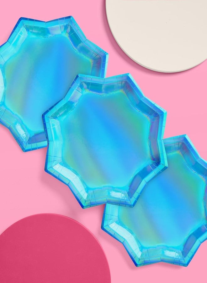 xo, Fetti Blue Holographic Foil Plates - 25 pack | Happy Birthday Party Decorations, Holiday Party, Cool Cake Plates, Blue Bachelorette Disposable Party Plates - Image 3