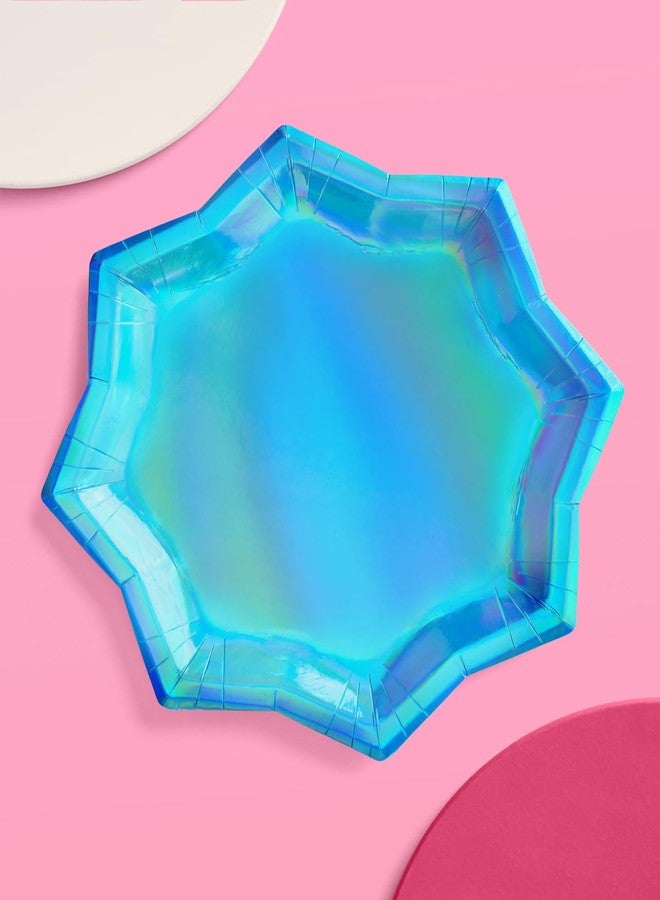 xo, Fetti Blue Holographic Foil Plates - 25 pack | Happy Birthday Party Decorations, Holiday Party, Cool Cake Plates, Blue Bachelorette Disposable Party Plates - Image 2