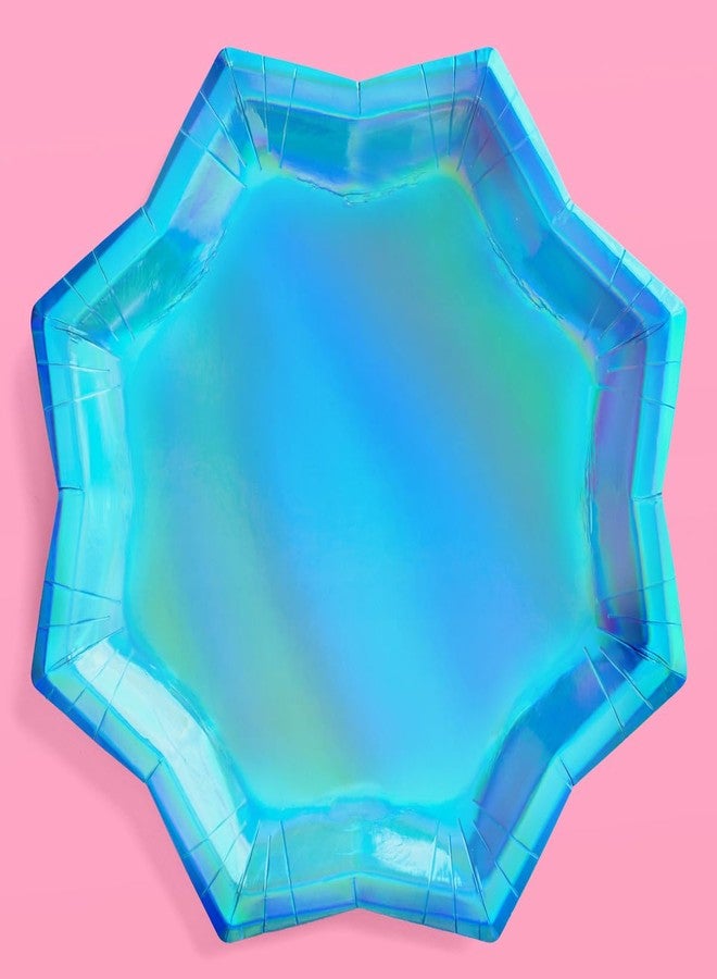 xo, Fetti Blue Holographic Foil Plates - 25 pack | Happy Birthday Party Decorations, Holiday Party, Cool Cake Plates, Blue Bachelorette Disposable Party Plates - Image 1