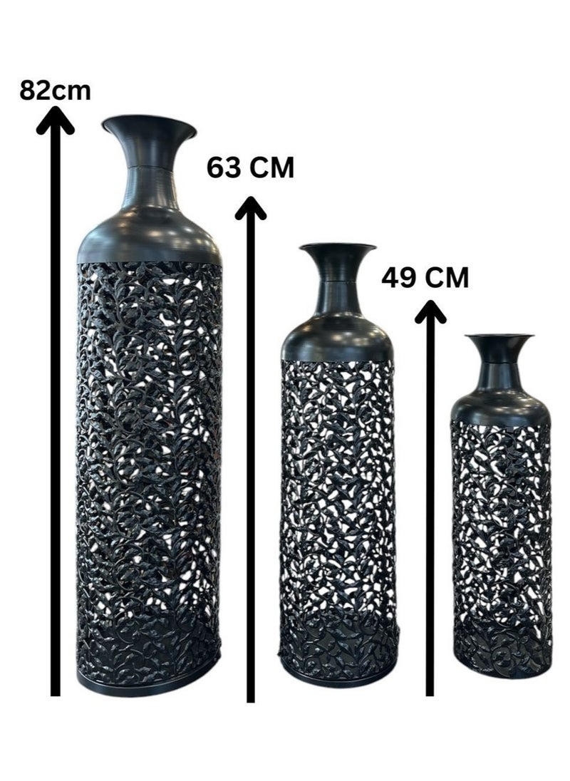 Roman Gifts Metal Decorative Vase Abstract Patterned Centerpiece Vases with Open Frame Design, Set of 3 Vases for Home Decoration 