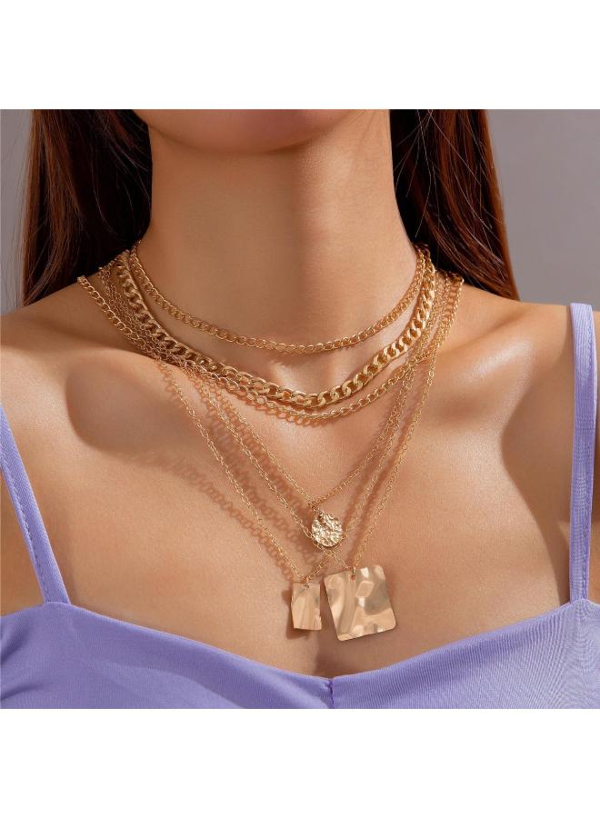 European And American New Geometric Disc Tassel Necklace Alloy Buckle Ring Rhinestone Tassel Pendant 4 Layer Necklace