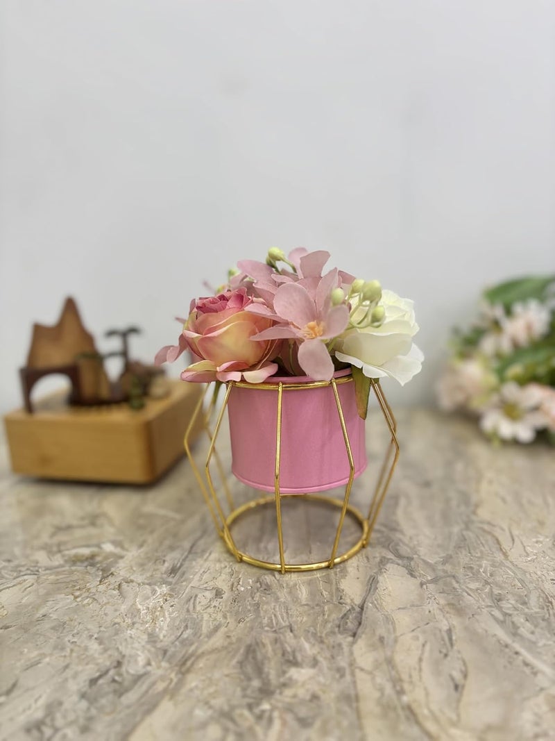HOME ELEMENTS Tabletop Artificial Flowers in Metal Frame Vase Room Decor Centre Table Showpiece Artificial Flower Pots for Living Room Office New Home Decoration Gift - Pink & White Flower (13x16cm) - Image 3