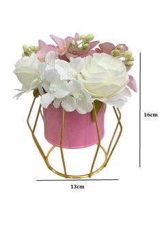 Home Elements HOME ELEMENTS Tabletop Artificial Flowers in Metal Frame Vase Room Decor Centre Table Showpiece Artificial Flower Pots for Living Room Office New Home Decoration Gift - Pink & White Flower (13x16cm)  - Image 2